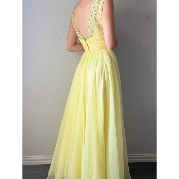 Vintage 1960's Mike Benet Yellow Chiffon Beaded Formal Maxi Gown - Picture 3 of 8